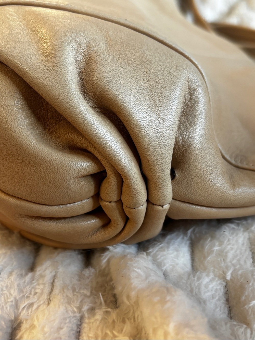 MSL Korean Leather Tote Gathered Sides Lined Beige